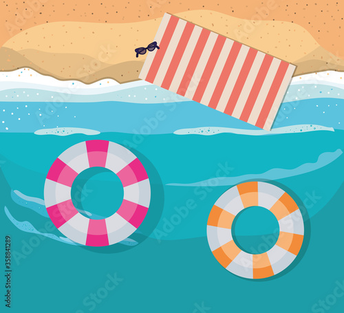 beach with towel umbrella and floats top view design, Summer vacation and tropical theme Vector illustration
