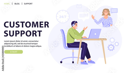 Customer service, online assistant or call center concept. Man operator with headset consulting a client. Online technical support 24/7. Vector web page banner illustration.