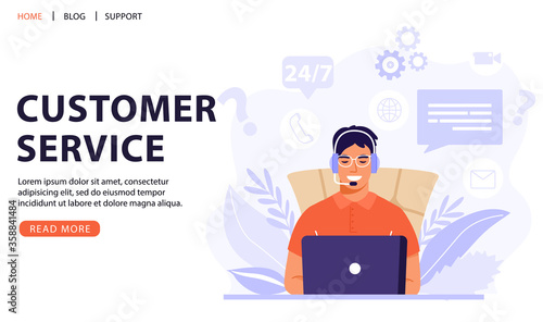 Customer service, online assistant or call center concept. Man operator with headset talking with client. Online technical support 24/7. Vector web page banner illustration.