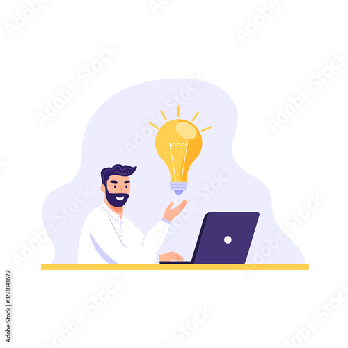 Man working on laptop and have idea or solution. Brainstorm vector illustration on white background.