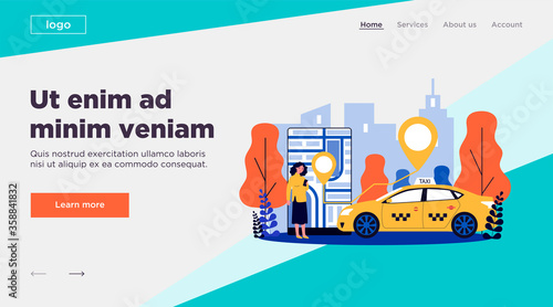 Young woman taking cab via mobile app flat vector illustration. Lady tracking car route on city map in taxi application. Transportation, service and people travelling concept.