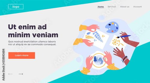 Diverse kids creating craftworks. Hands of children painting, scrapbooking, embroidering. Vector illustration for creative craft art, handmade work, workshop concept