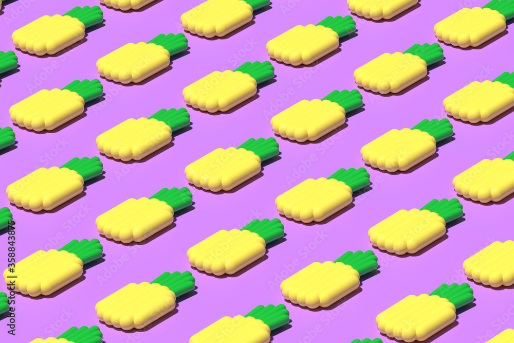3D render. Pattern of Inflatable rubber mattresses in the shape of yellow pineapple fruit on purple background. Digital art. Minimalistic style, aesthetic and surrealism. Summer vacation vibes 3D render. Pattern of Inflatable rubber mattresses in the shape of yellow pineapple fruit on purple background. Digital art. Minimalistic style, aesthetic and surrealism. Summer vacation vibes