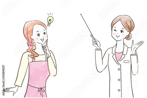 白衣を着た女性医師に相談する女性/パステル画/手描き