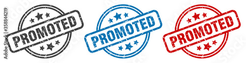 promoted stamp. promoted round isolated sign. promoted label set