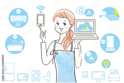 パソコンで家計簿をつける若い笑顔の女性/IOT/ZEHと節約/家電のアイコン