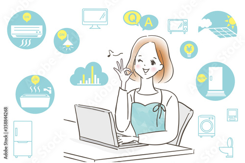 パソコンで家計簿をつける笑顔の若い女性/IOT/ZEHと節約/家電のアイコン