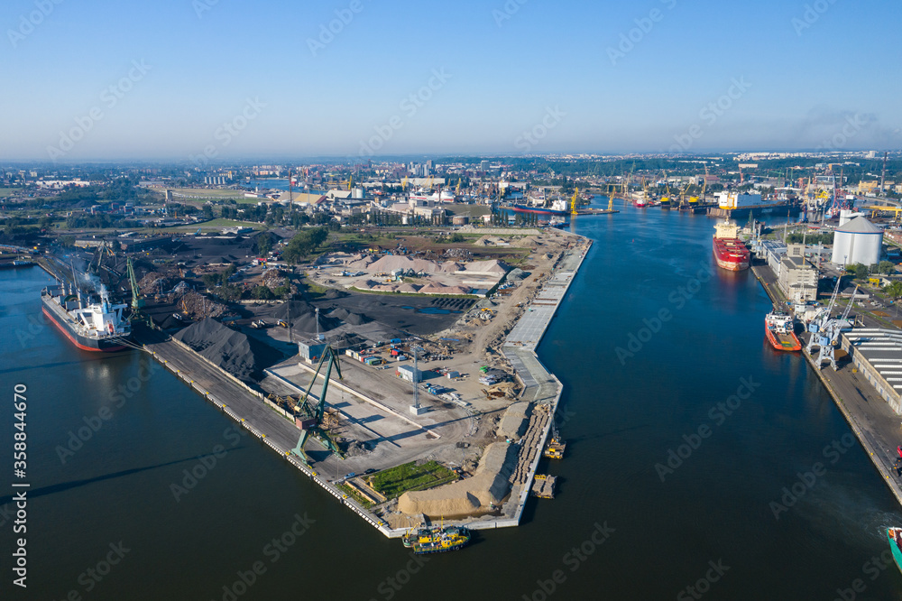 Gdansk Harbor Aerial View. Cranes at the famous shipyard of Gdansk, Pomerania, Poland.