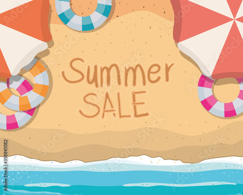 beach with summer sale floats and umbrellas text top view design, Summer vacation and tropical theme Vector illustration