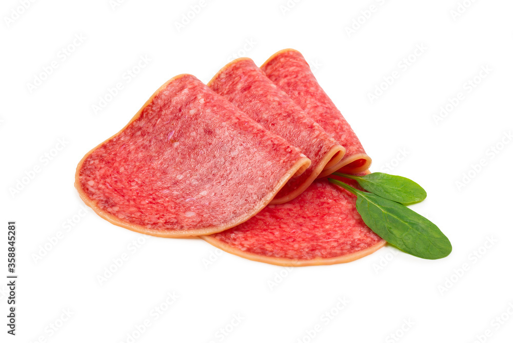 Salami slices isolated on white background. Salami slices isolated on white background.