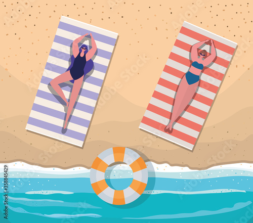 girls cartoons on towels with float at beach top view design, Summer vacation and tropical theme Vector illustration