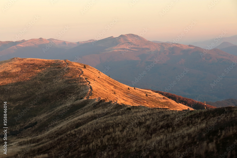 Bieszczady Mountains in the light of the setting sun