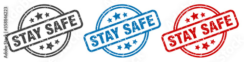 stay safe stamp. stay safe round isolated sign. stay safe label set