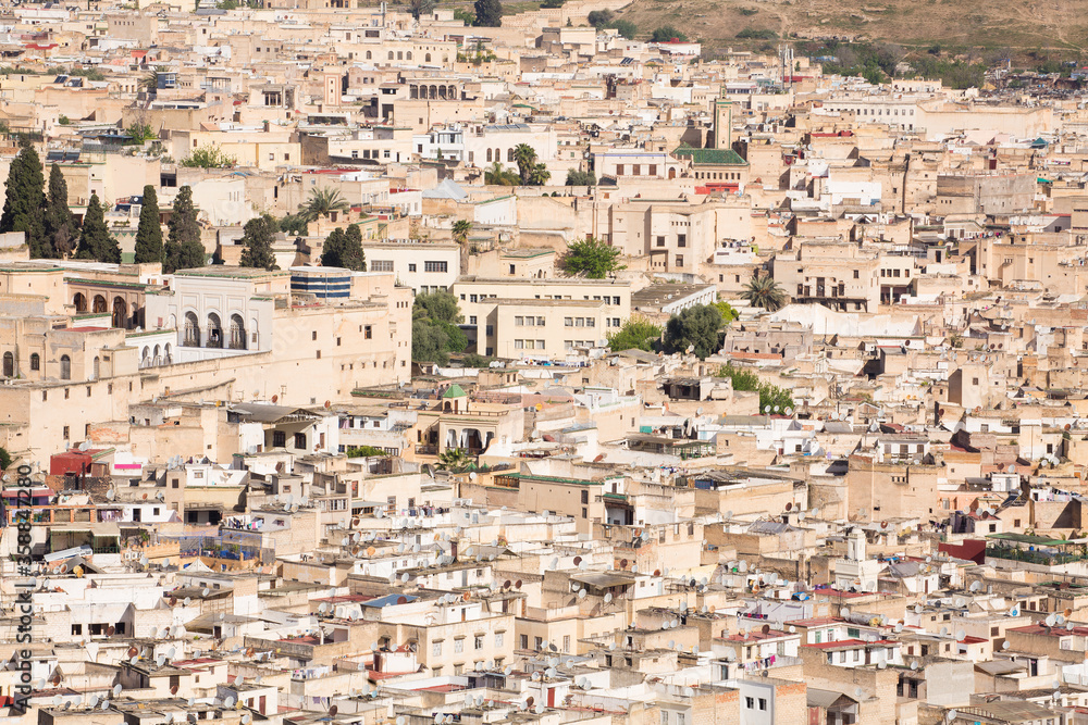 View of homes and buildings in Fez, Morocco
