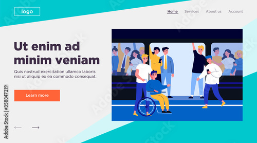 Handicapped guy and his helper travelling by subway train. Help, city transport, wheelchair flat vector illustration. Disabled people support concept for banner, website design or landing web page