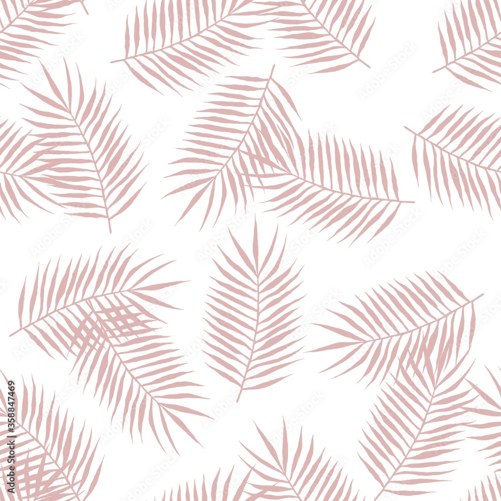Pink palm leaves on a white background. seamless pattern with tropical leaves. illustration for printing on textiles, paper, ceramics.