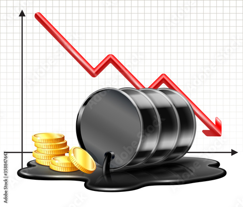 Oil barrel price falls down chart and Black oil barrel is lying in spilled puddle