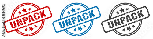 unpack stamp. unpack round isolated sign. unpack label set