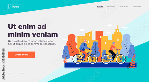 Happy senior couple riding bikes. Cycling in city park, retirement activity flat vector illustration. Old age, active lifestyle concept for banner, website design or landing web page