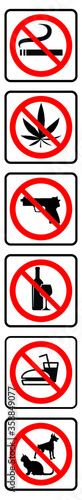 No smoking, no marijuana, no gun, no alcohol, no food and No pets symbols collection- Prohibition signs collection-Vertical