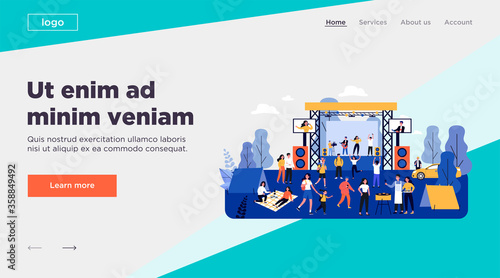 Outdoor rock concert and food festival. Crowd of people listening to music in park, enjoying camping, picnic and barbecue. Vector illustration for open air party, leisure, event concept