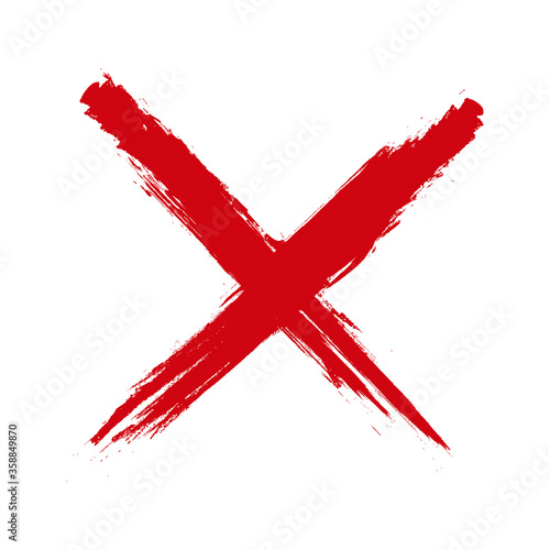 Brush painted sign no, hand drawn style illustration with a grunge effect sign no isolated on white background. Warning frame. Paint stain. X Red cross handwritten. Grunge letter X.