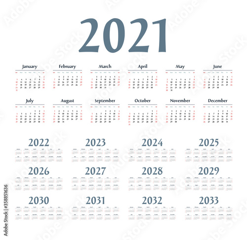 English calendar for years 2021-2033, week starts on Sunday