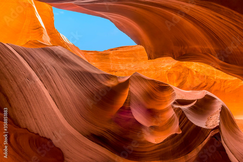A view of the sky through a crack in the slot canyon in lower Antelope Canyon, Page, Arizona