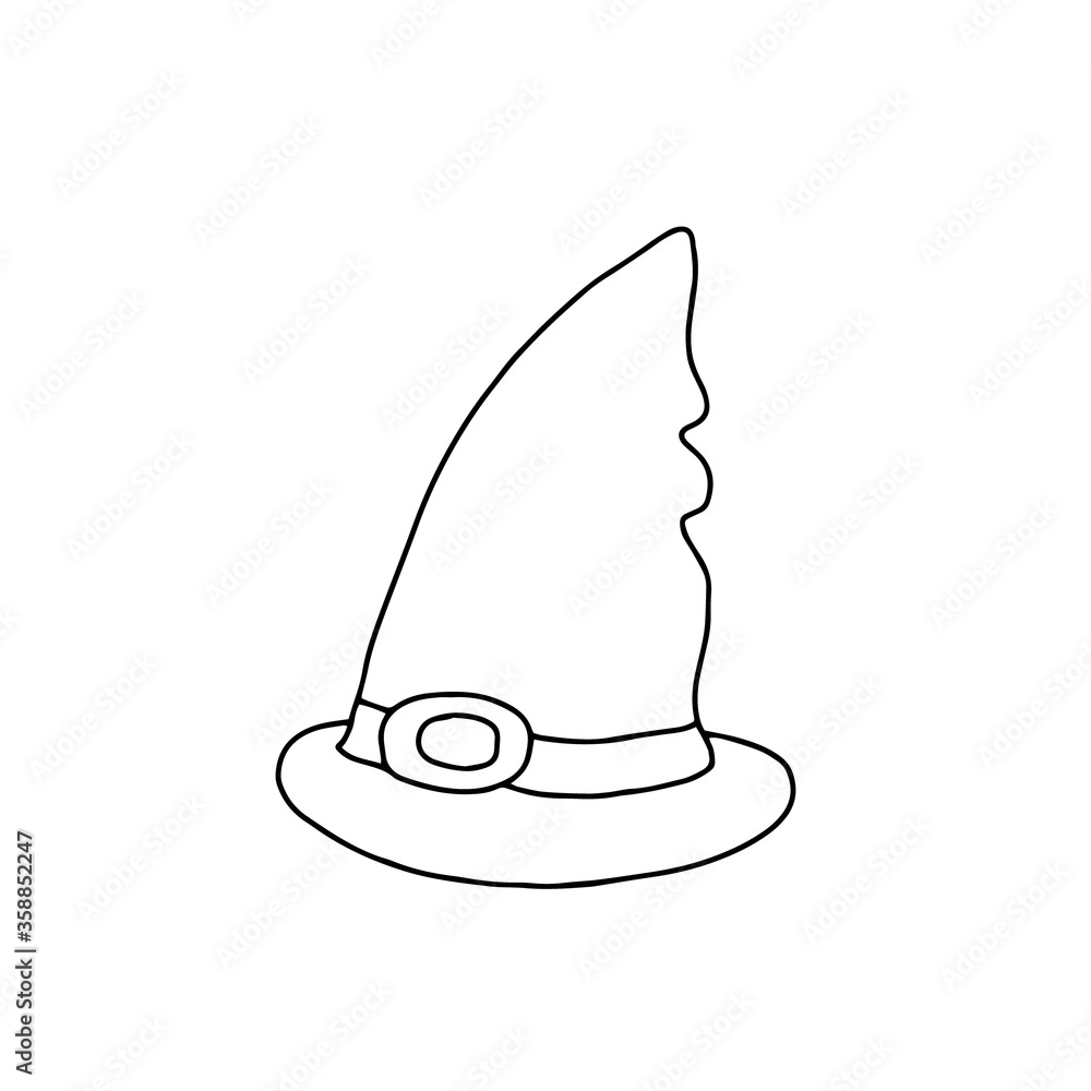 A cute fancy hat of a witch set vector outline illustration isolated object on the white background, clipart useful for halloween party decoration, hand drawn image, cartoon spooky character A cute fancy hat of a witch set vector outline illustration isolated object on the white background, clipart useful for halloween party decoration, hand drawn image, cartoon spooky character