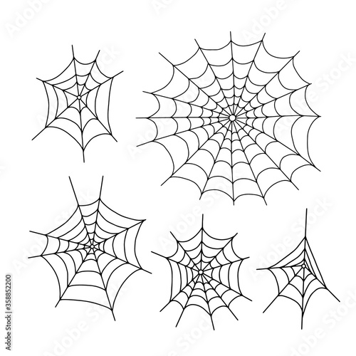 Vector outline illustration of  simple fancy Halloween spider webs set, isolated object on the white background, clipart useful for halloween party decoration, hand drawn image, cartoon spooky charact