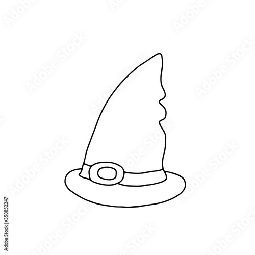 A cute fancy hat of a witch set vector outline illustration isolated object on the white background, clipart useful for halloween party decoration, hand drawn image, cartoon spooky character