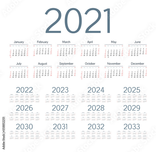 English calendar for years 2021-2033, week starts on Sunday
