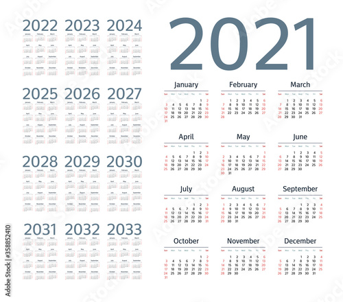 English calendar for years 2021-2033, week starts on Sunday