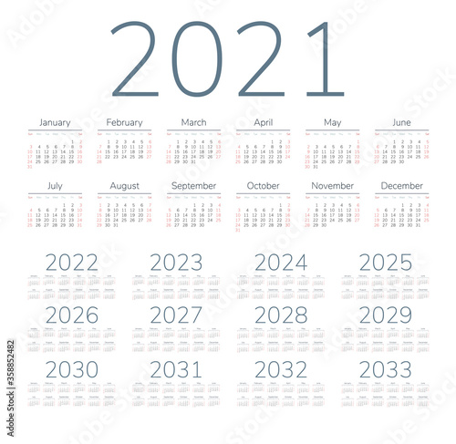 English calendar for years 2021-2033, week starts on Sunday