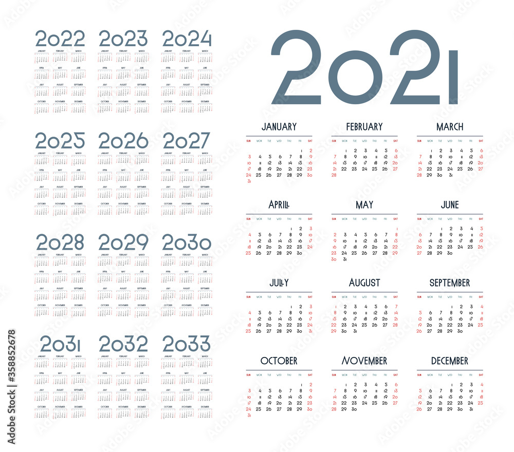 English calendar for years 2021-2033, week starts on Sunday English calendar for years 2021-2033, week starts on Sunday
