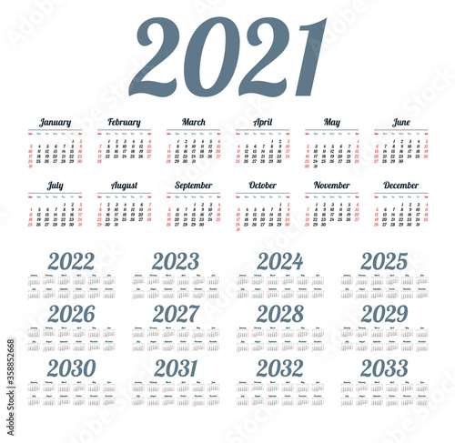 English calendar for years 2021-2033, week starts on Sunday