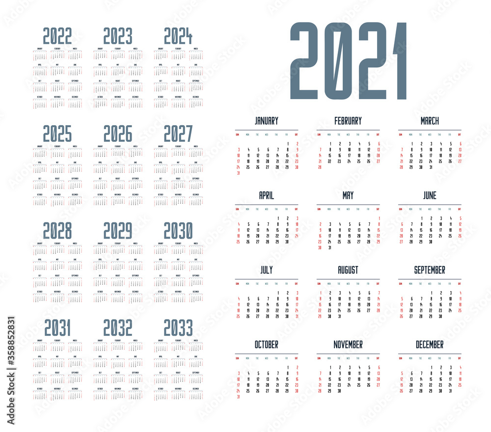 English calendar for years 2021-2033, week starts on Sunday