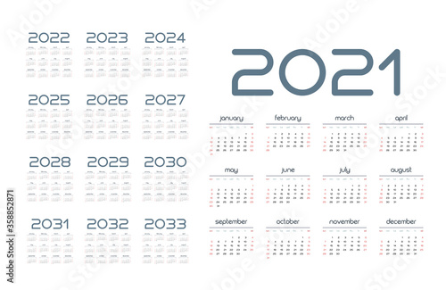 English calendar for years 2021-2033, week starts on Sunday