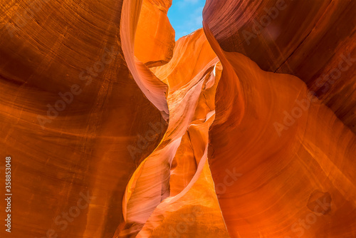 A patch of blue sky seen above lower Antelope Canyon, Page, Arizona