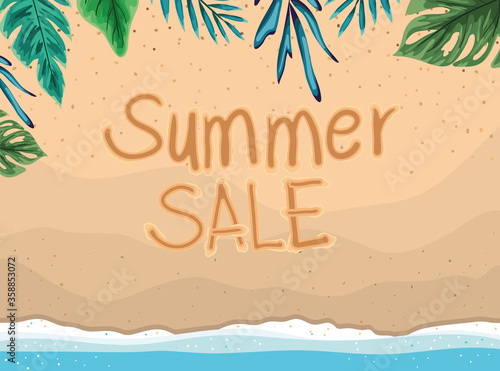 beach with summer sale and leaves text top view design, Summer vacation and tropical theme Vector illustration