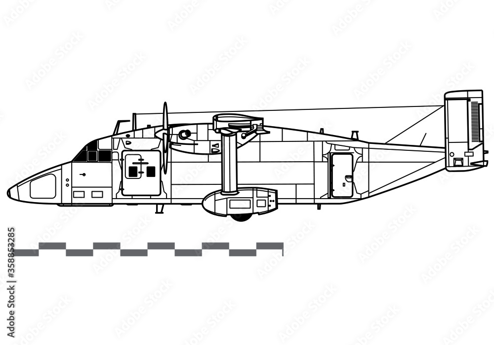Short C-23 Sherpa. Vector drawing of military transport aircraft. Side view. Image for illustration and infographics.