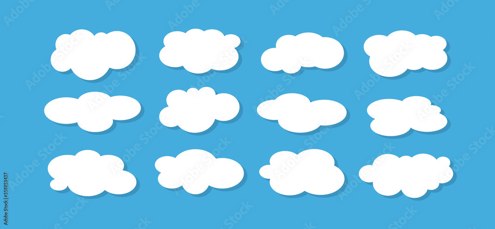 Set of white clouds on a blue background. Flat style vector illustration.