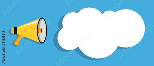 Megaphone announcement in a flat style. Cloud for text. Place for advertising. Speaker. Vector illustration