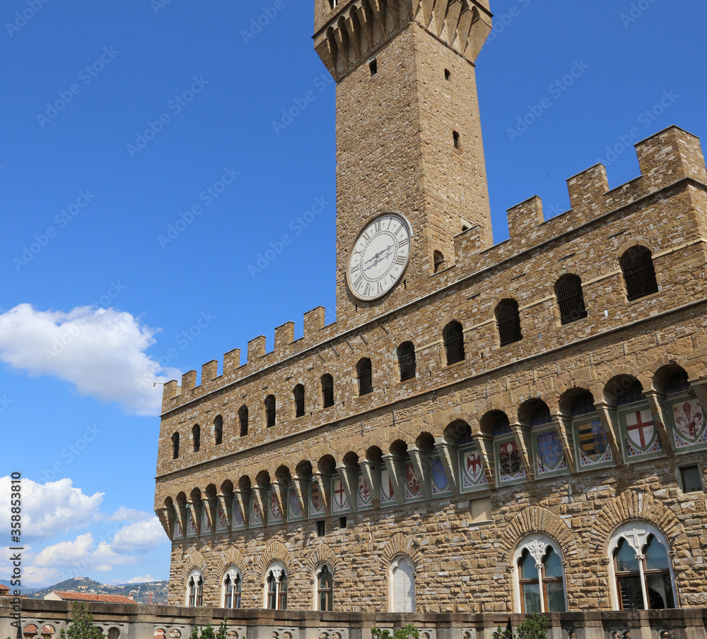 detail of the historic tower of Palazzo Vecchio in Florence ITAL