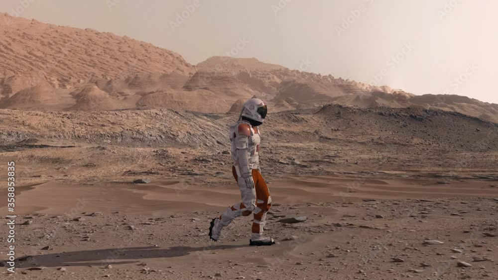 Astronaut wearing space suit walking on the surface of mars. Exploring mission to mars. Futuristic colonization and space exploration concept. 3d rendering. Elements of this video furnished by NASA. Astronaut wearing space suit walking on the surface of mars. Exploring mission to mars. Futuristic colonization and space exploration concept. 3d rendering. Elements of this video furnished by NASA.
