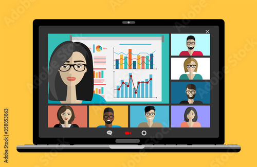 Conference video call. Online communication. Working from home. Remote project management, online education, online lessons, quarantine, communication with friends, colleagues. Vector illustration.