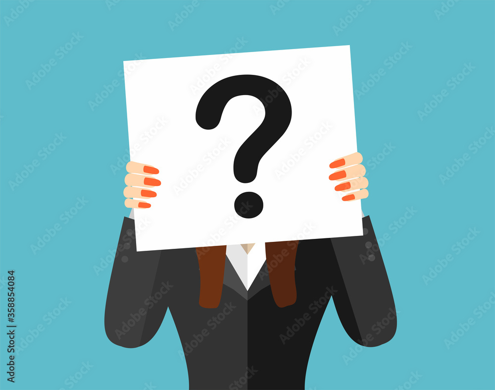 A sheet of paper with a question mark covers the face of a business woman. Vector illustration. Flat design. A sheet of paper with a question mark covers the face of a business woman. Vector illustration. Flat design.