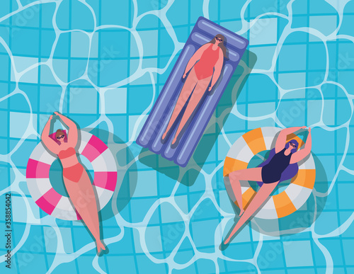girls cartoons on floats at pool top view design, Summer vacation and tropical theme Vector illustration