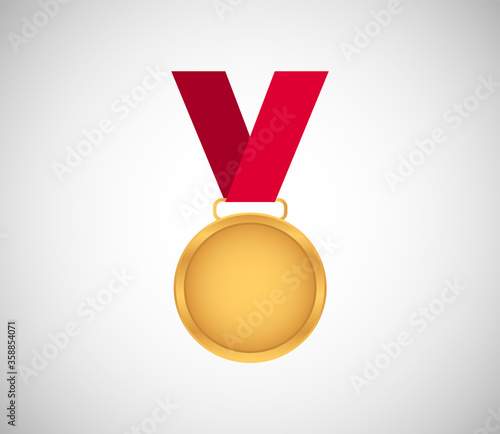 Gold medal with a red ribbon. Reward. Flat style. Medal for first place.