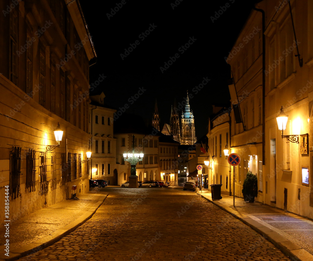 night view of the historic building and St Vitus Cathedral in Pr